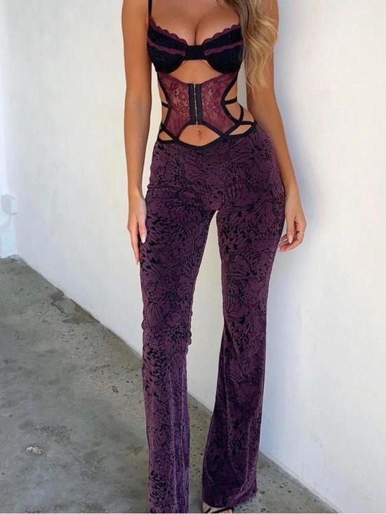 Outcast Pants - Outcast sisterparty Plum Velvet Wide Leg Jumpsuit with Subtle Burnout Texture